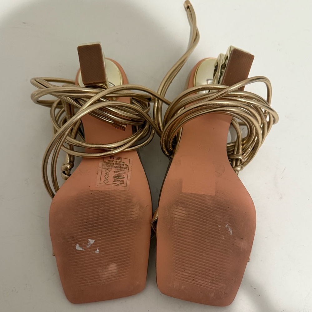 AZALEA WANG Stupendous Gold Ankle Wrap Lace Up High Linking Heel Sandal Size 6.5 - Picture 10 of 15